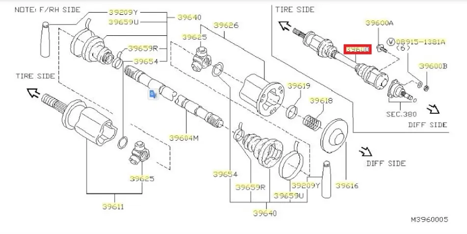 Полуось шрус граната задняя правая в сборе 396000C000 на 2.0 16V бензин Nissan Serena C23 1991-2001 год