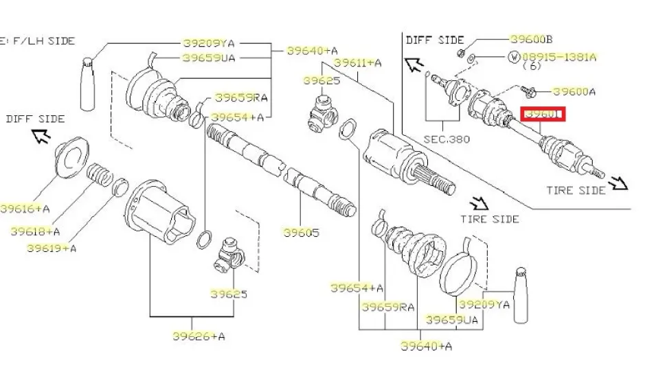 Полуось шрус граната задняя левая в сборе 396010C000 на 2.0 16V бензин Nissan Serena C23 1991-2001 год